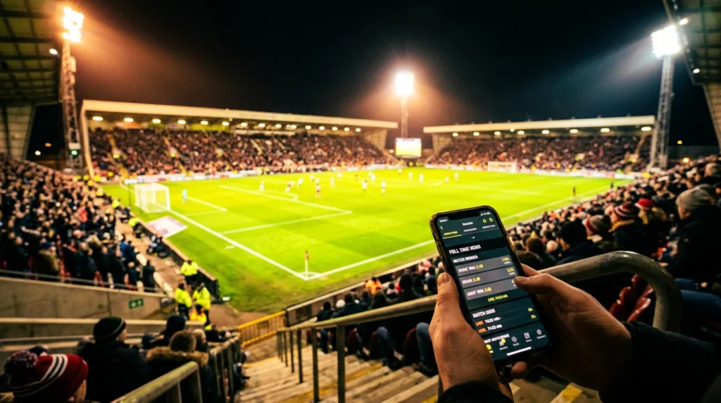 Estádio de futebol iluminado visto de uma bancada com ecrã de apostas em primeiro plano