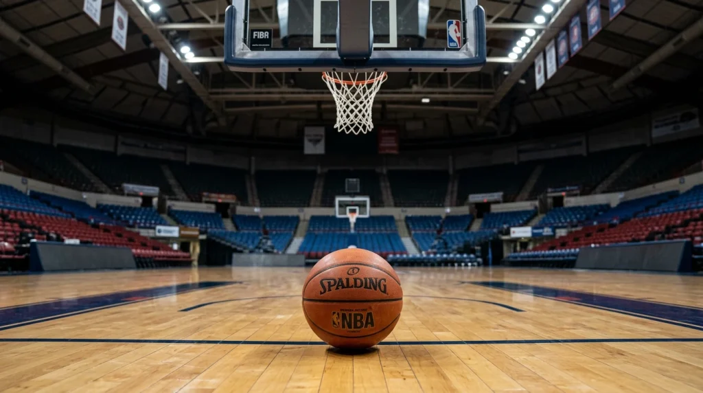 Bola de basquetebol laranja junto ao aro de um cesto num pavilhão desportivo