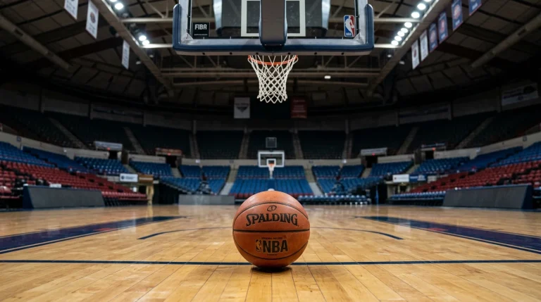 Bola de basquetebol laranja junto ao aro de um cesto num pavilhão desportivo