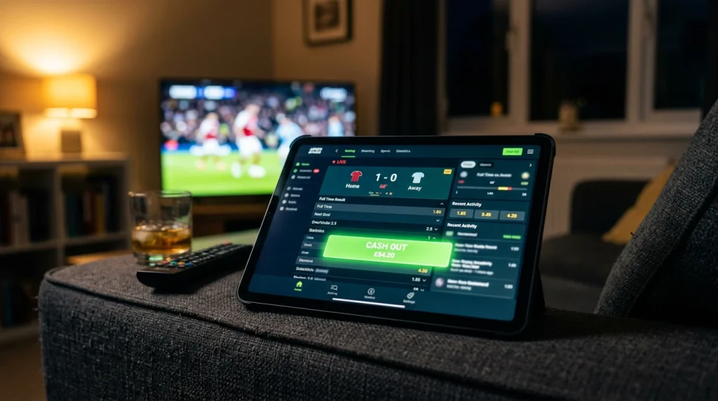 Ecrã de apostas desportivas ao vivo com opção de cash out visível