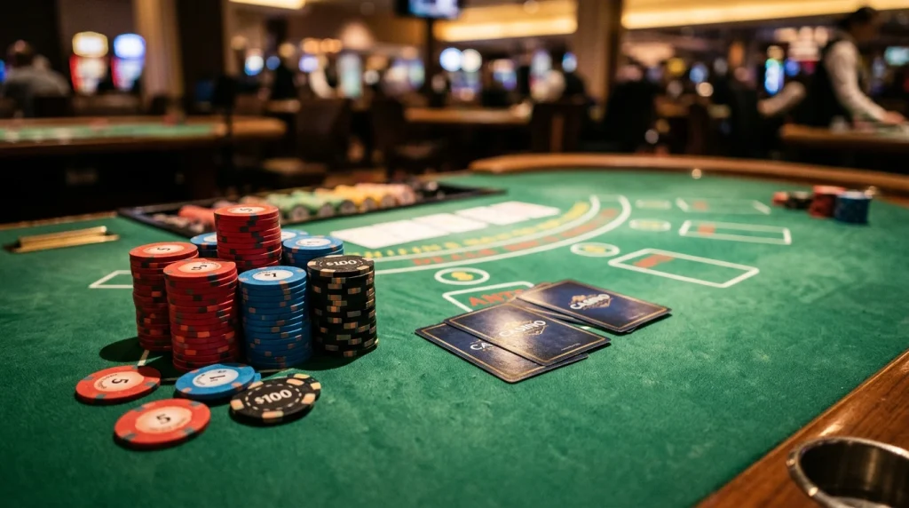 Mesa de casino com fichas coloridas e cartas de baralho dispostas sobre feltro verde