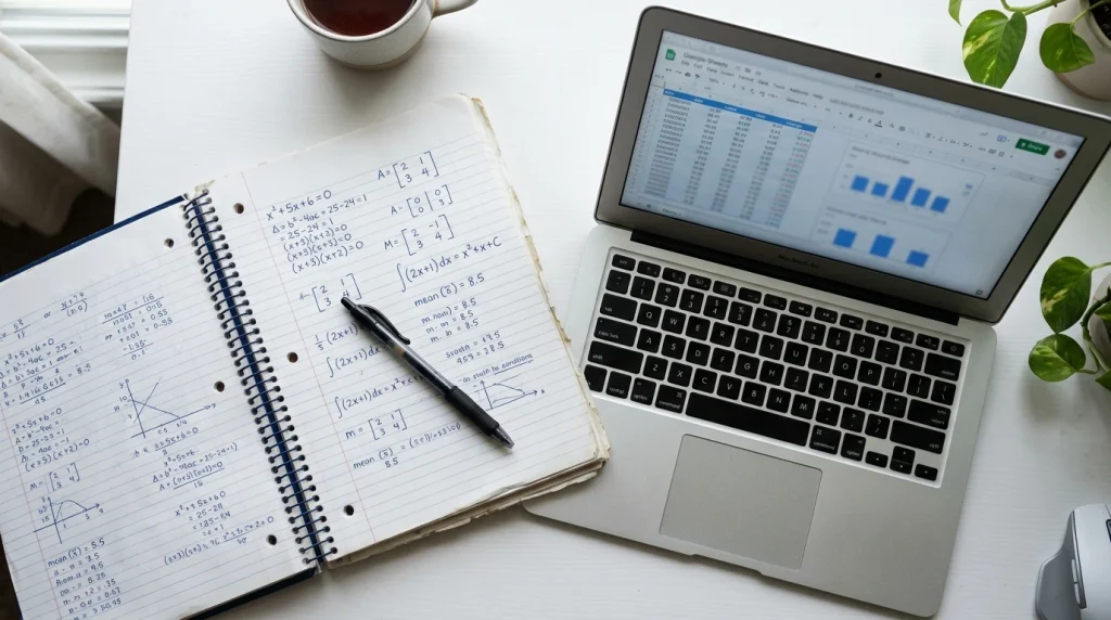 Caderno aberto com anotações numéricas e caneta sobre mesa junto a ecrã de computador portátil