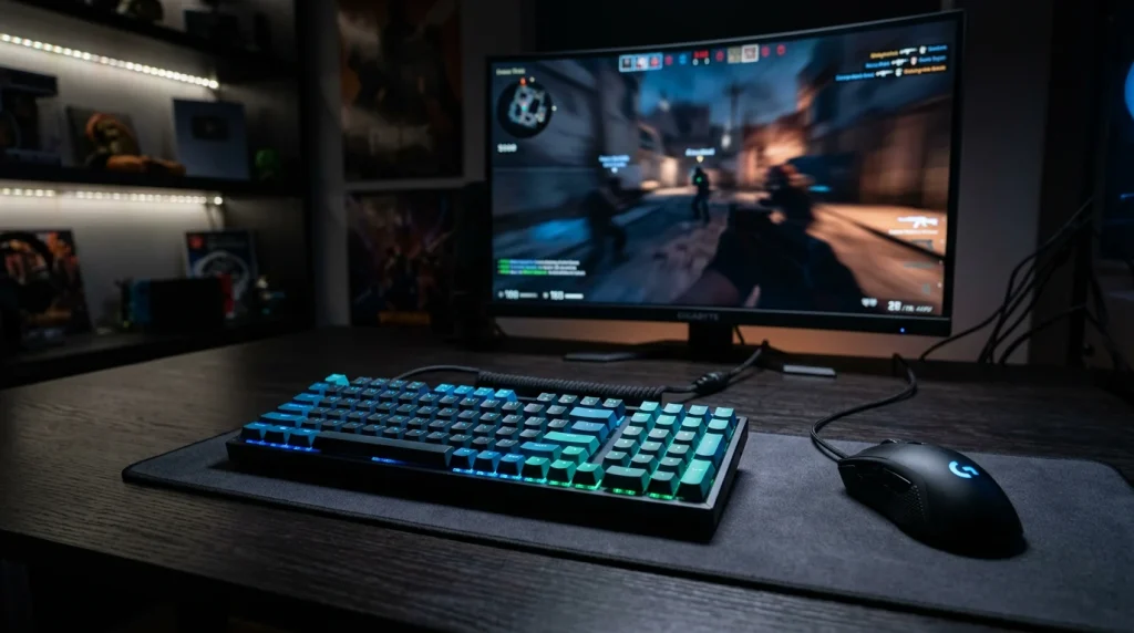 Teclado mecânico iluminado e rato de gaming sobre secretária escura com monitor ao fundo
