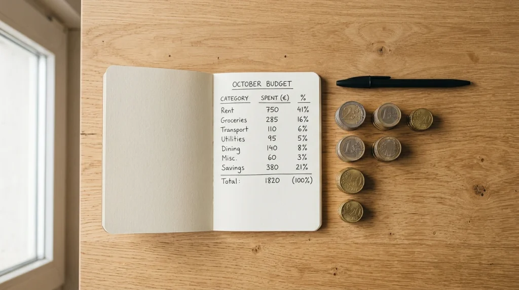 Caderno de notas com cálculos de gestão de banca e moedas organizadas sobre mesa de madeira