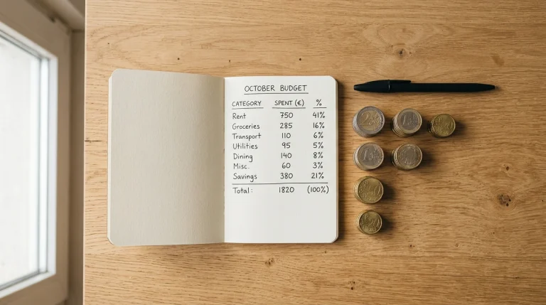 Caderno de notas com cálculos de gestão de banca e moedas organizadas sobre mesa de madeira