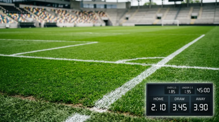 Campo de futebol com linhas de handicap asiático sobrepostas e painel de odds
