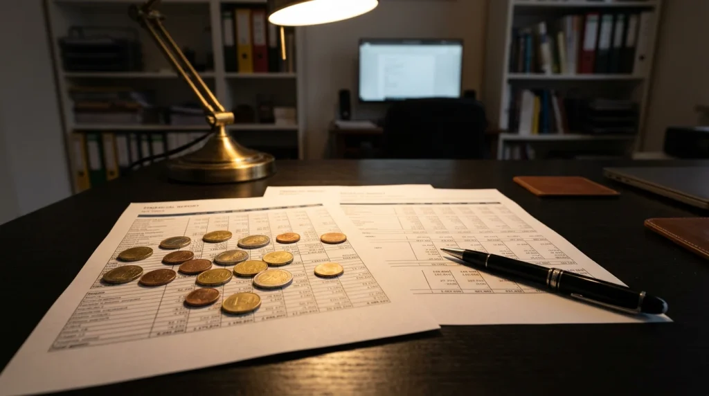 Folhas de cálculo fiscal com moedas de euro sobre uma mesa de escritório