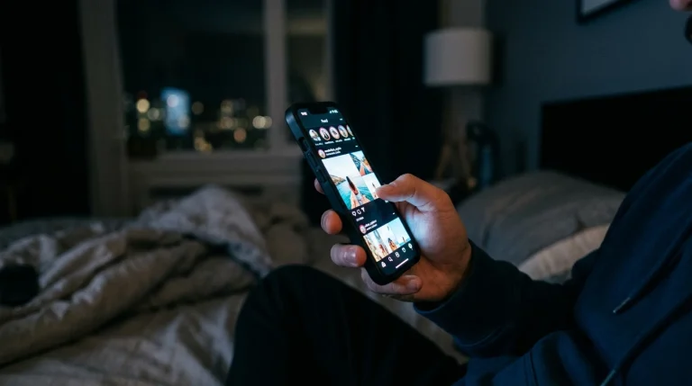 Mão a segurar telemóvel com ecrã de rede social aberto numa sala com iluminação fraca