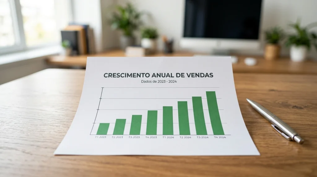 Gráfico de barras ascendente impresso em papel sobre secretária de escritório com caneta ao lado