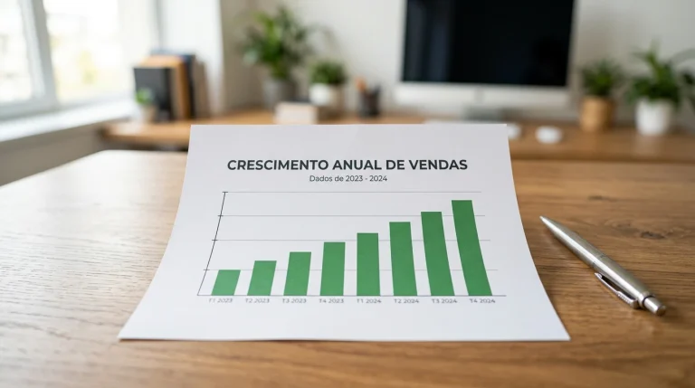 Gráfico de barras ascendente impresso em papel sobre secretária de escritório com caneta ao lado