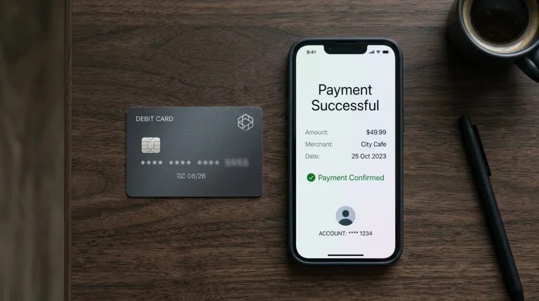 Cartão bancário e telemóvel com aplicação de pagamento numa mesa escura