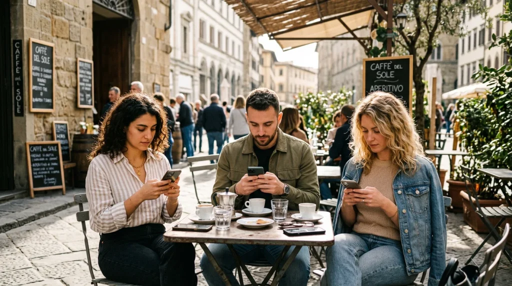Grupo de jovens adultos a olhar para ecrãs de telemóvel numa esplanada urbana em Lisboa