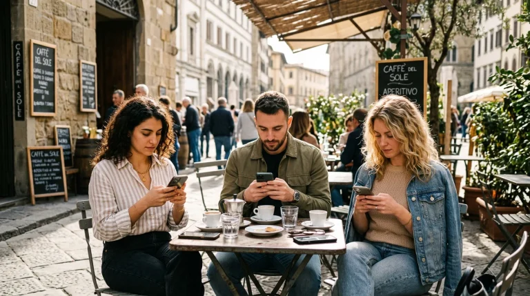 Grupo de jovens adultos a olhar para ecrãs de telemóvel numa esplanada urbana em Lisboa