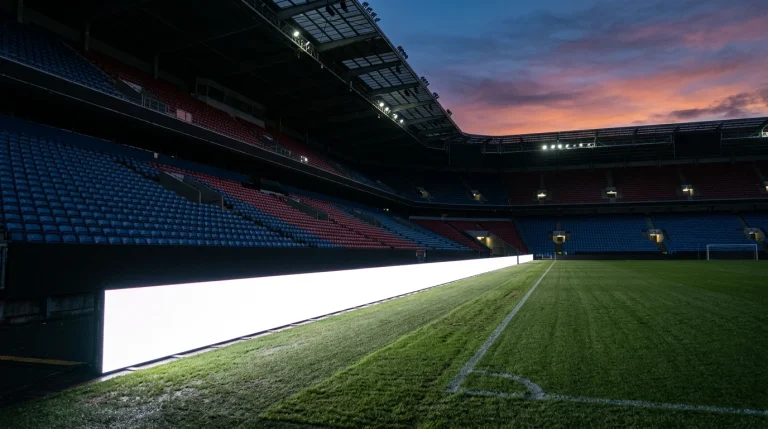 Painel publicitário iluminado num estádio de futebol vazio ao entardecer