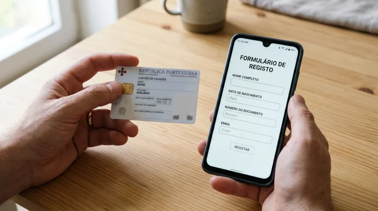 Mãos a segurar cartão de cidadão português junto a um telemóvel com formulário de registo aberto