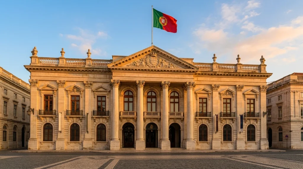 Edifício institucional português com bandeira nacional ao entardecer