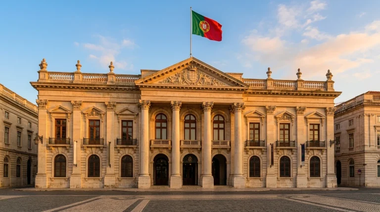 Edifício institucional português com bandeira nacional ao entardecer