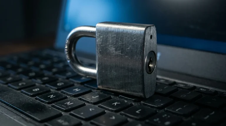 Cadeado digital sobre ecrã de computador portátil com interface de casa de apostas